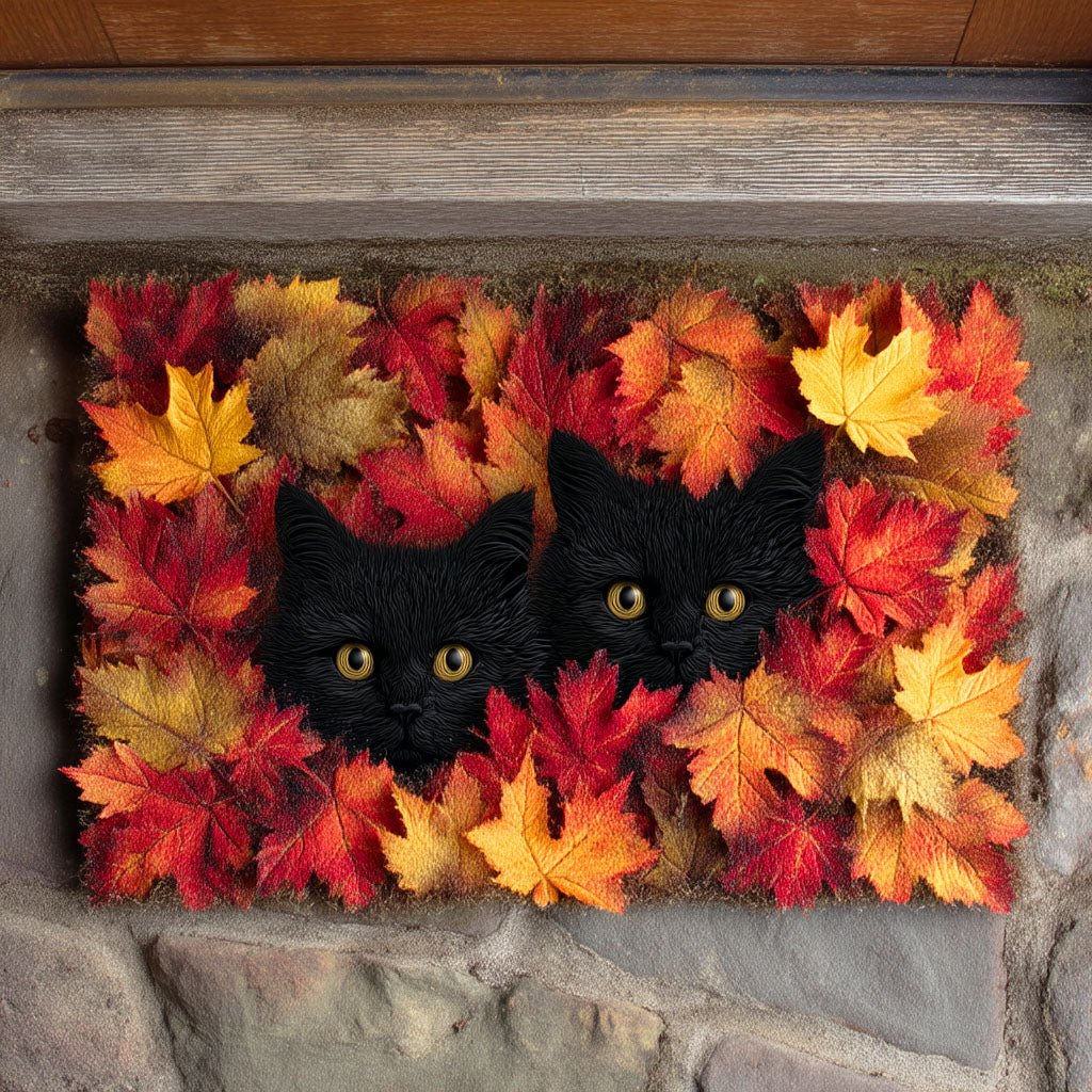 Fallen Leaves Cat Doormat - Cute Animal Design | Printed Welcome Doormat