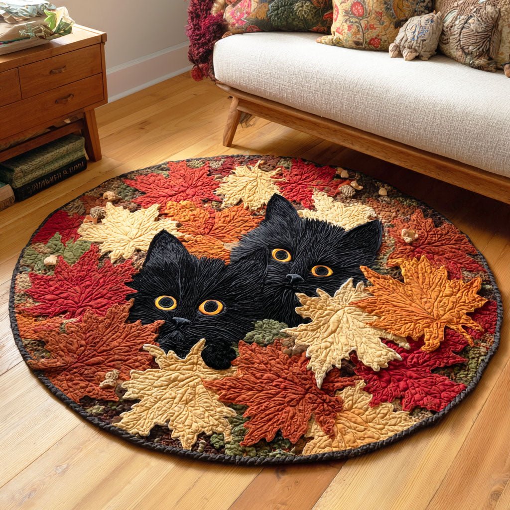 Fallen Leaves Cat Round Mat Rug - Cute Pet Design | Animal Printed Home Decor