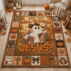 Falloween With Jesus area rug in a living room