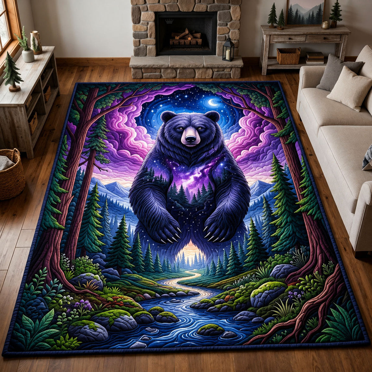 Fantasy Night Bear area rug in a living room