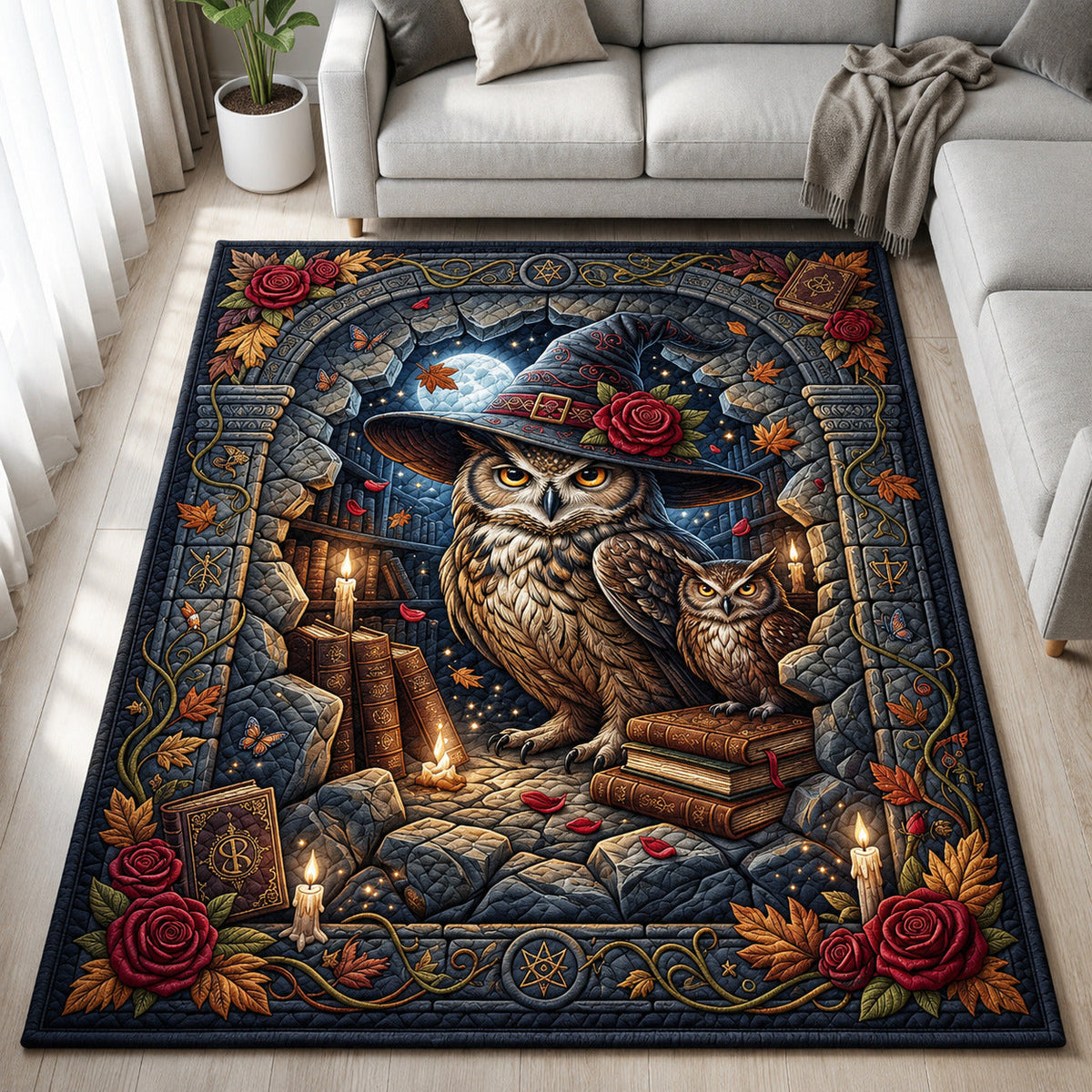 Fantasy Witch Owls area rug in a living room