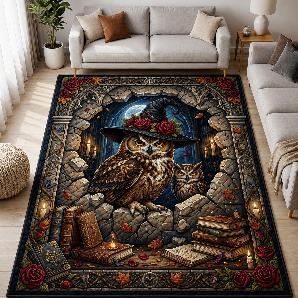 Fantasy Witch Owls area rug in a living room