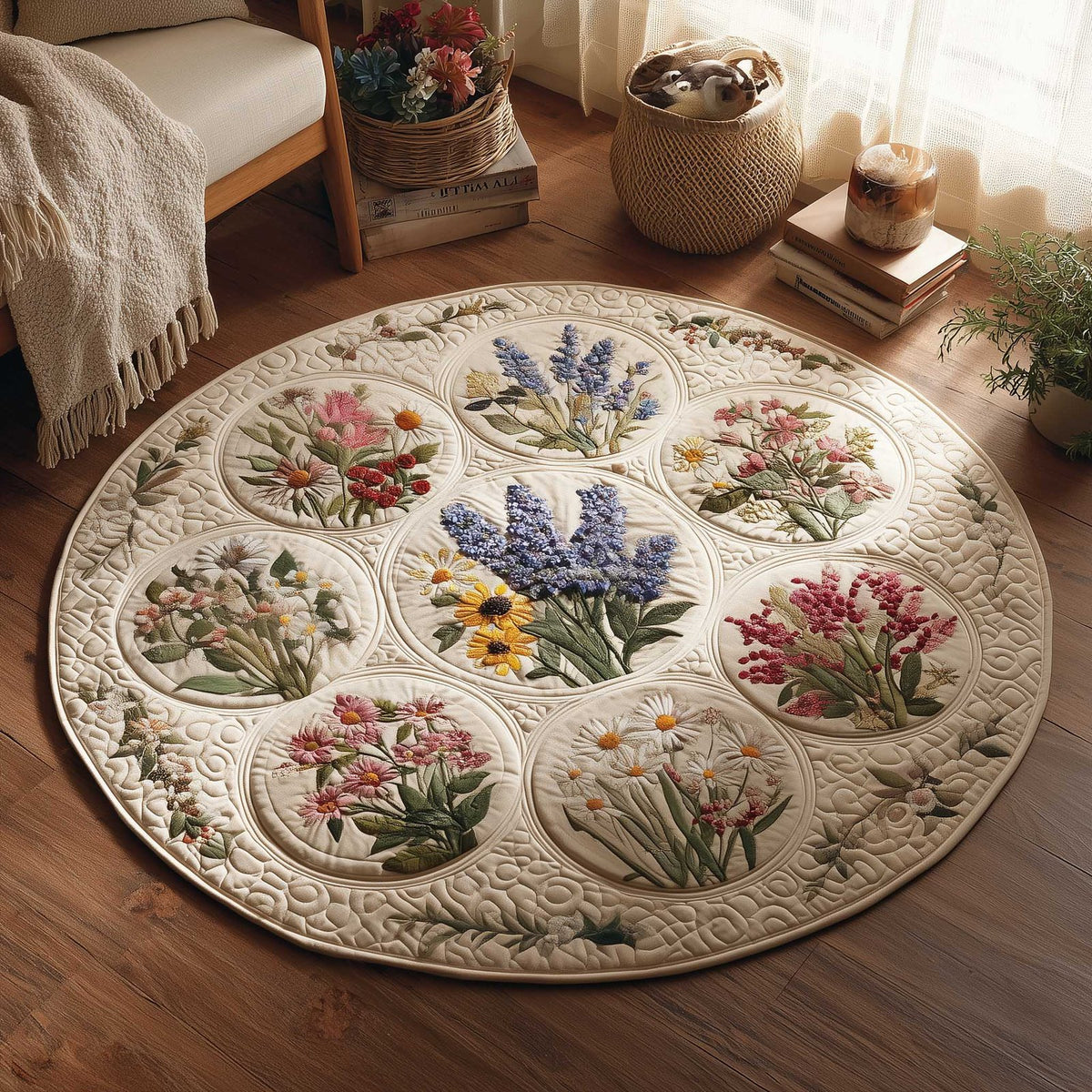 Farm Bloom Round Mat Rug - washable non-slip printed rug