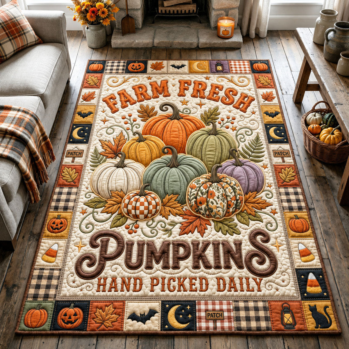Farm Fresh Pumpkins area rug in a living room