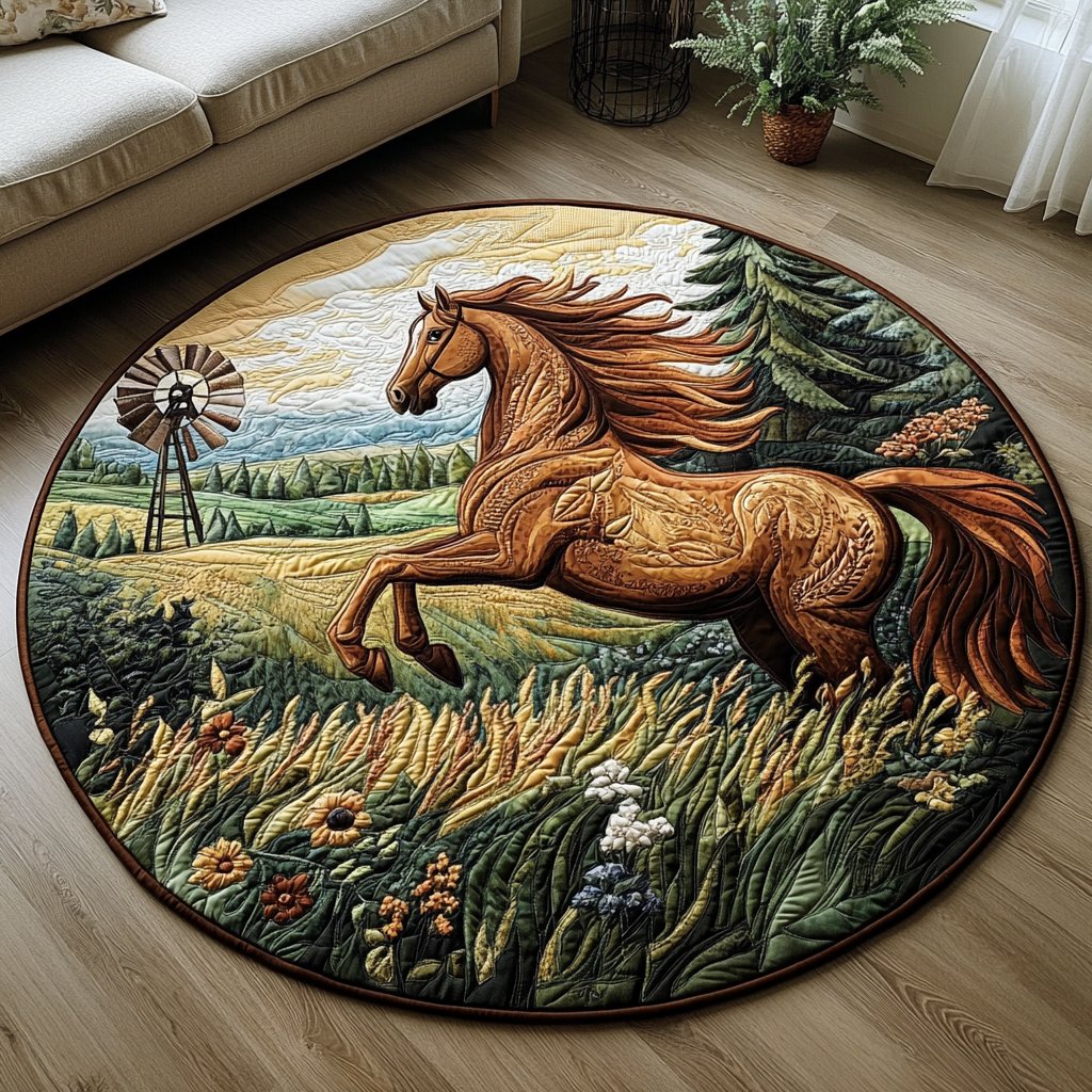 Farm Horse Round Mat Rug - washable non-slip printed rug