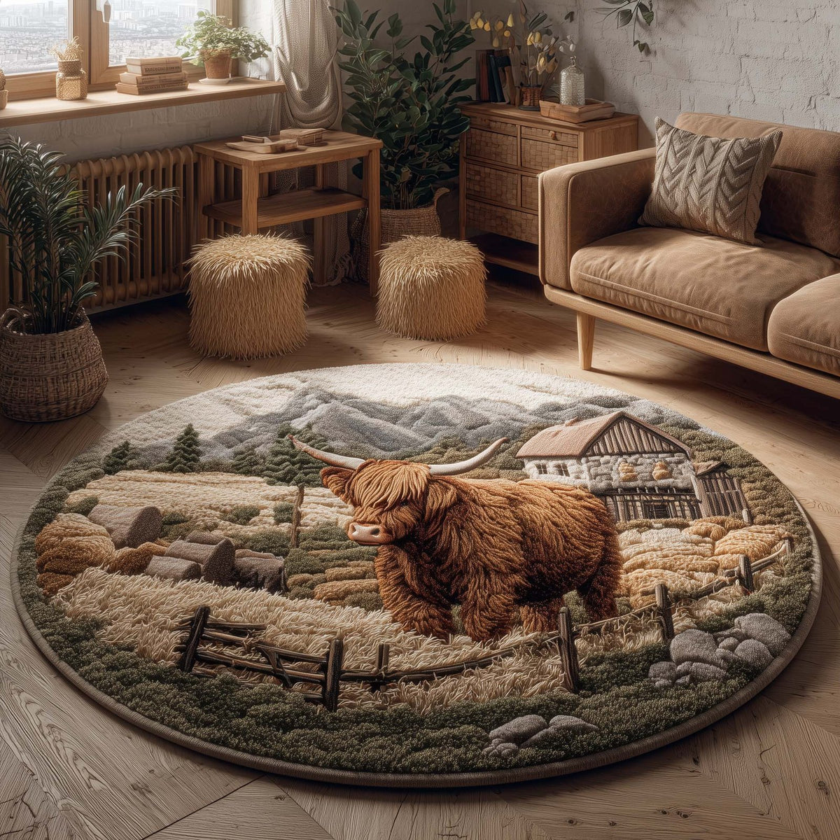 Farmhouse Highland Cow Round Mat Rug - Nature Design | Serene Home Decor