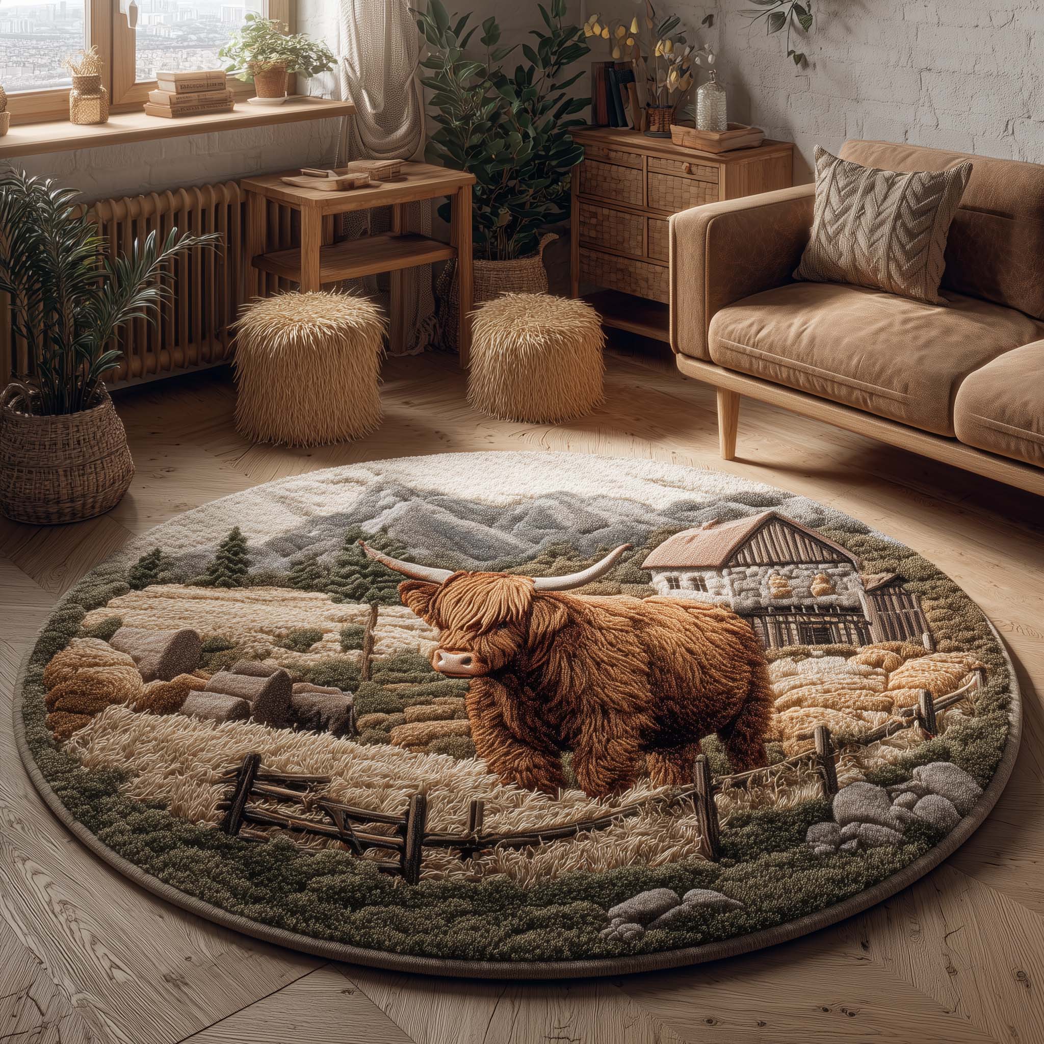 Farmhouse Highland Cow Round Mat Rug GFTOHD11479