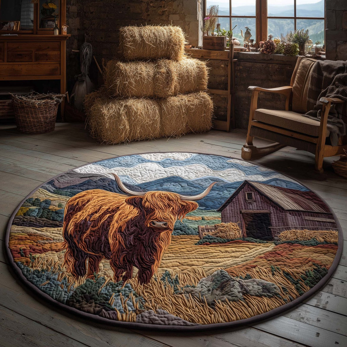 Farmhouse Highland Cow Round Mat Rug - washable non-slip printed rug