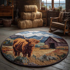 Farmhouse Highland Cow Round Mat Rug - washable non-slip printed rug