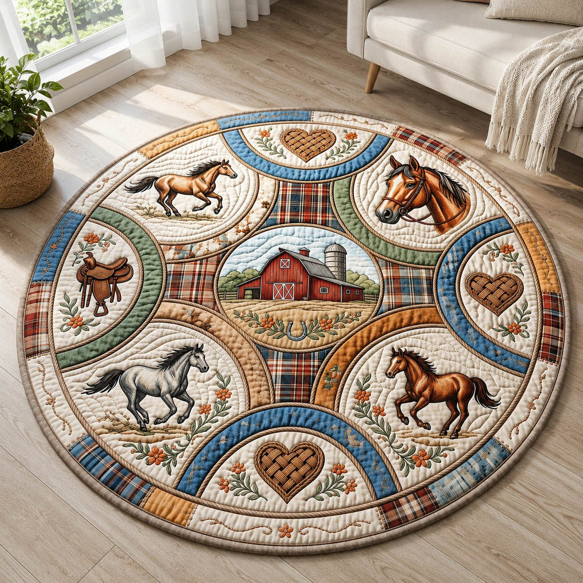 Farmhouse Horse Round Mat Rug - washable non-slip printed rug