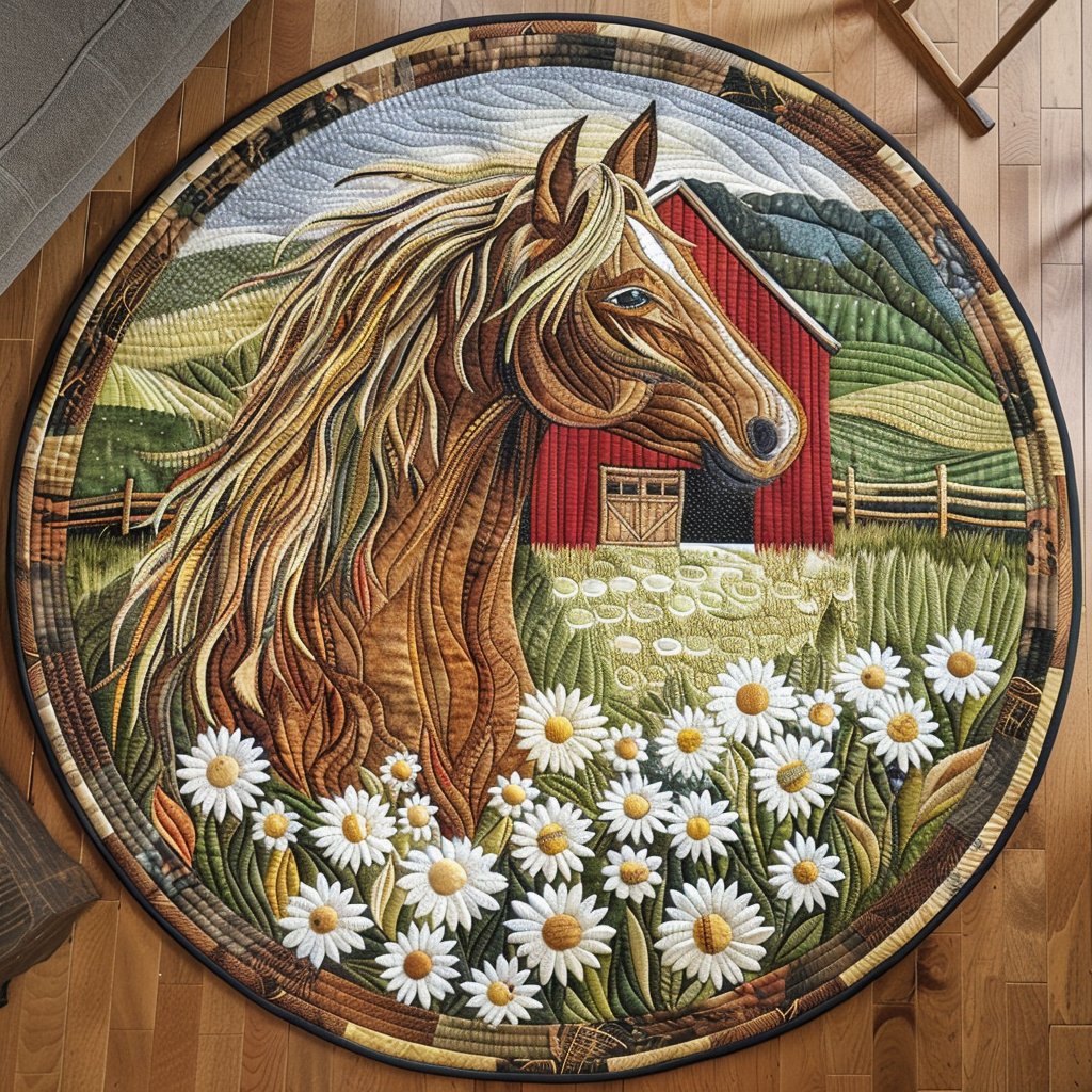 Farmyard Horse Round Mat Rug - washable non-slip printed rug