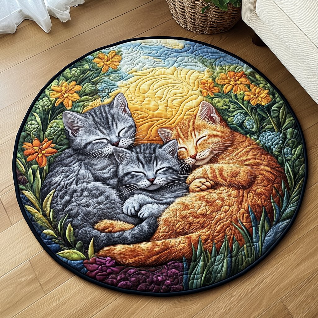 Feline Dreaming Round Mat Rug - washable non-slip printed rug