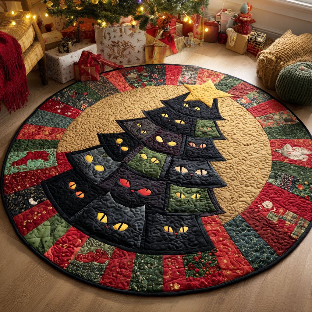 Feline Noel Tree Round Mat Rug - washable non-slip printed rug