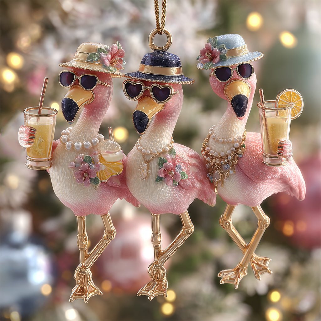 Festive Flamingo Friends Christmas Ornament