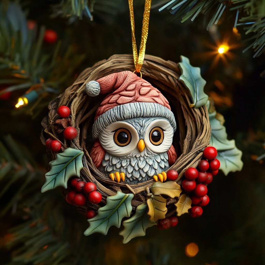Santa Hat Owl Berry Nest Christmas Ornament