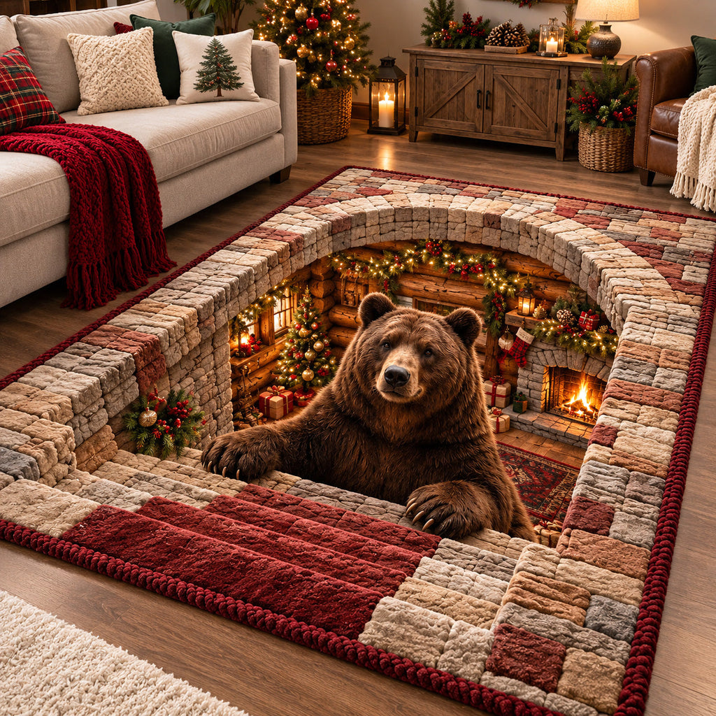 Festive Bear Cabin area rug in a living room