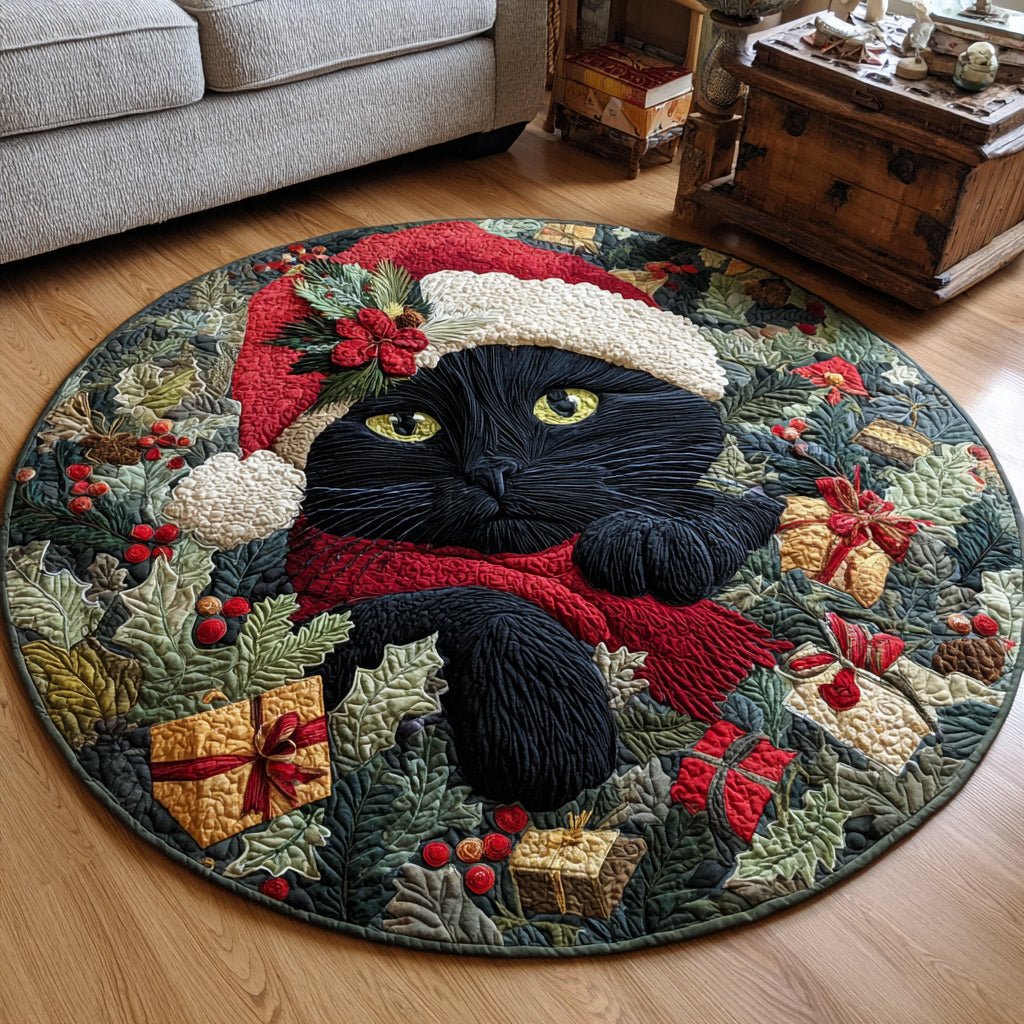 Festive Black Cat Round Mat Rug - Cute Pet Design | Animal Printed Home Decor