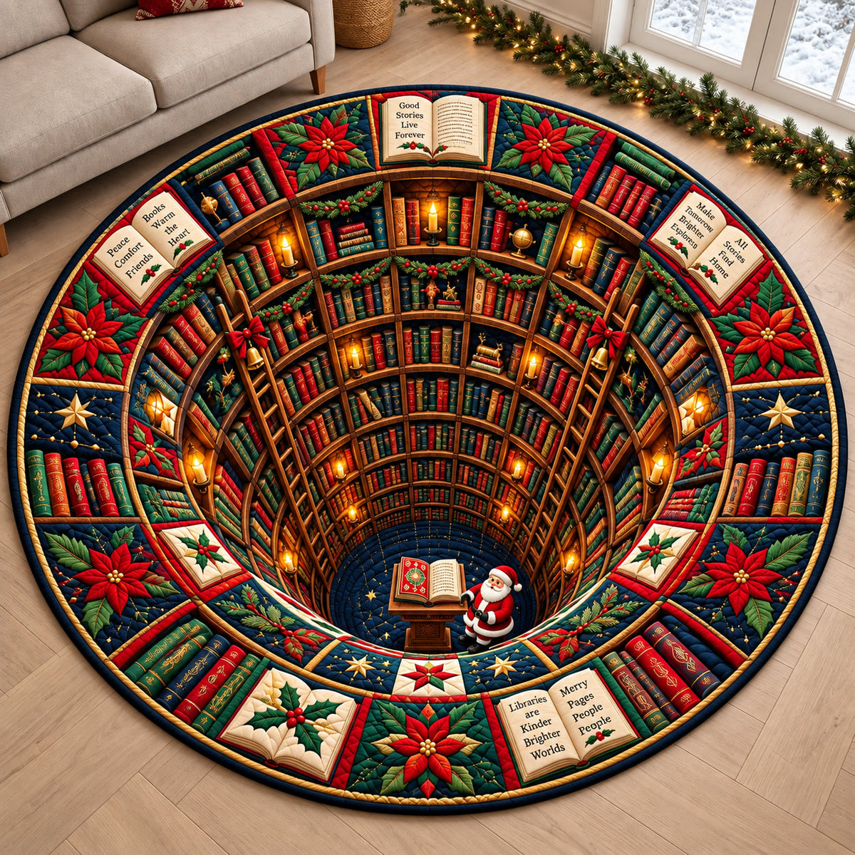 Festive Bookscape Round Mat Rug - Nature Design | Serene Home Decor - washable non-slip printed rug