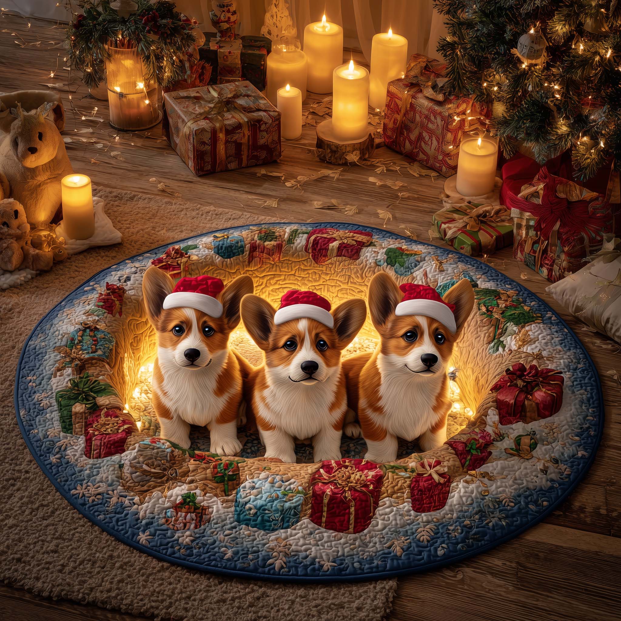 Festive Corgi Round Mat Rug GFTOHD12197