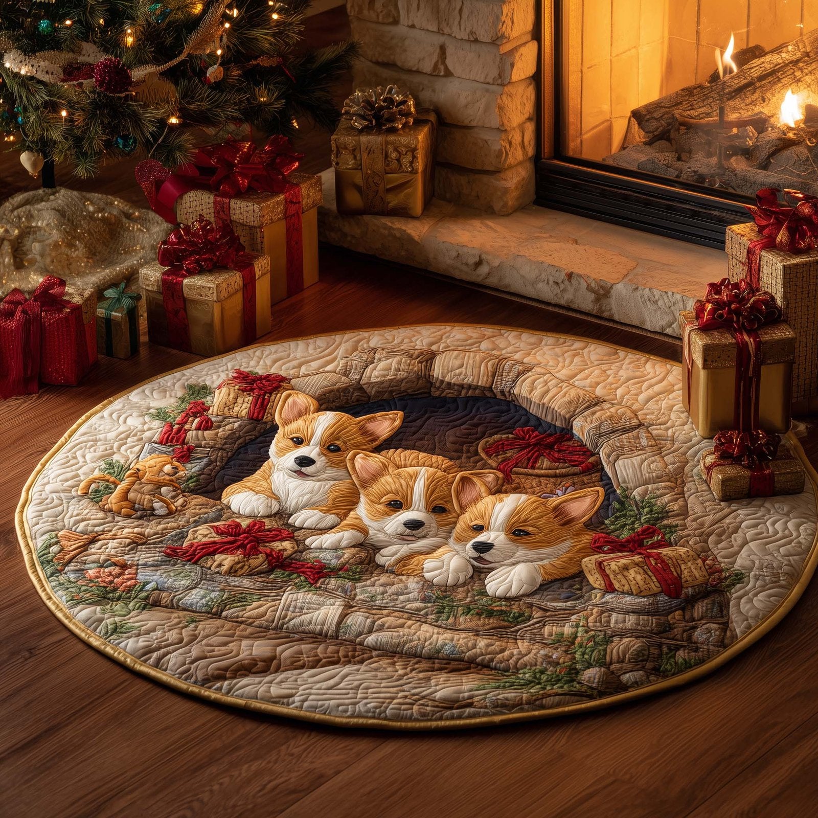 Festive Corgi Round Mat Rug - Cute Pet Design | Animal Printed Home Decor