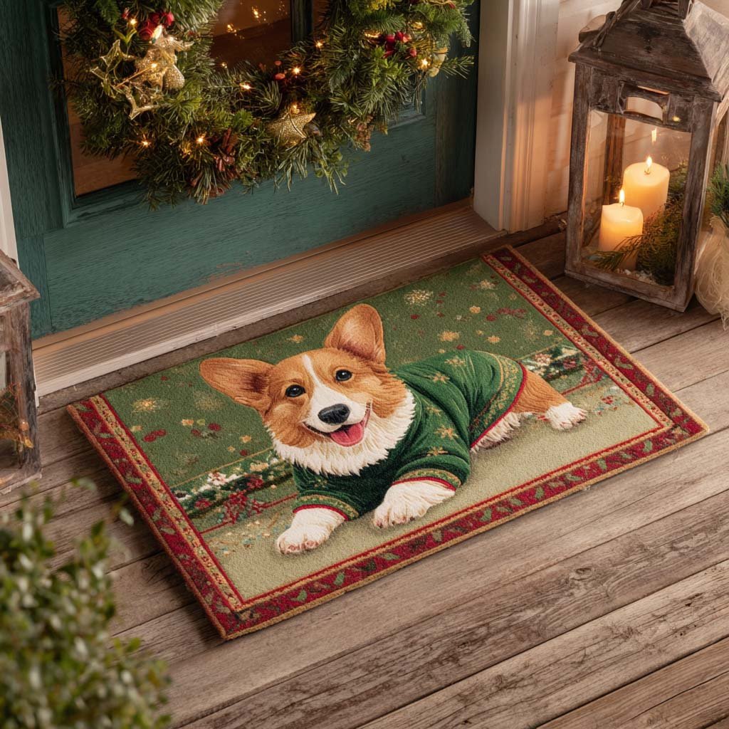 Festive Cozy Corgi Doormat - Cute Animal Design | Printed Welcome Doormat