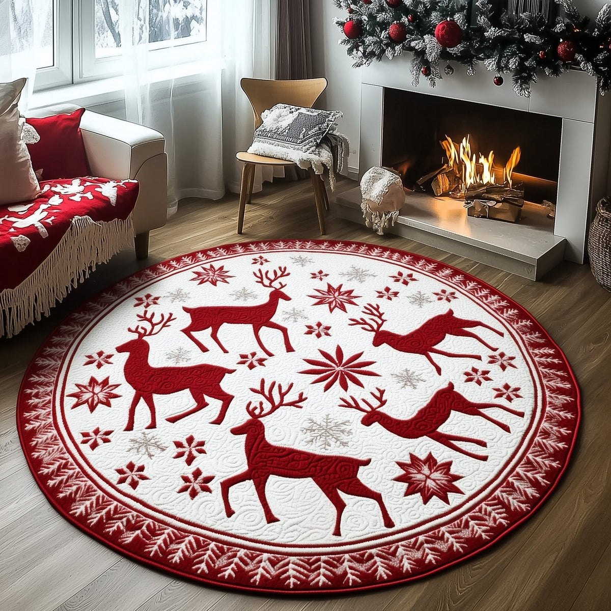 Festive Deer Round Mat Rug - washable non-slip printed rug