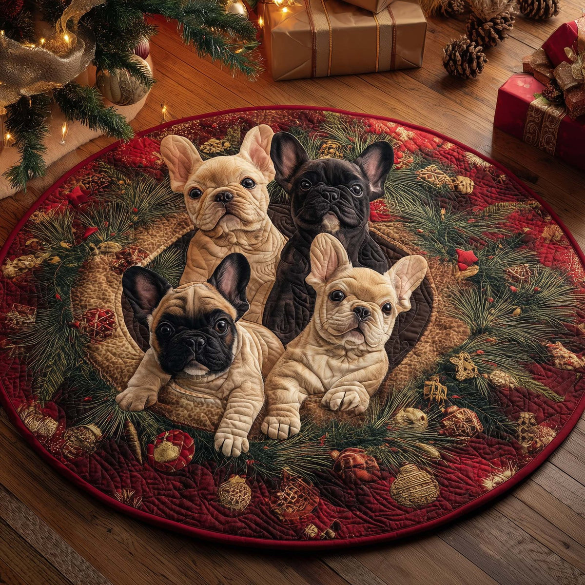 Festive Frenchie Round Mat Rug - washable non-slip printed rug