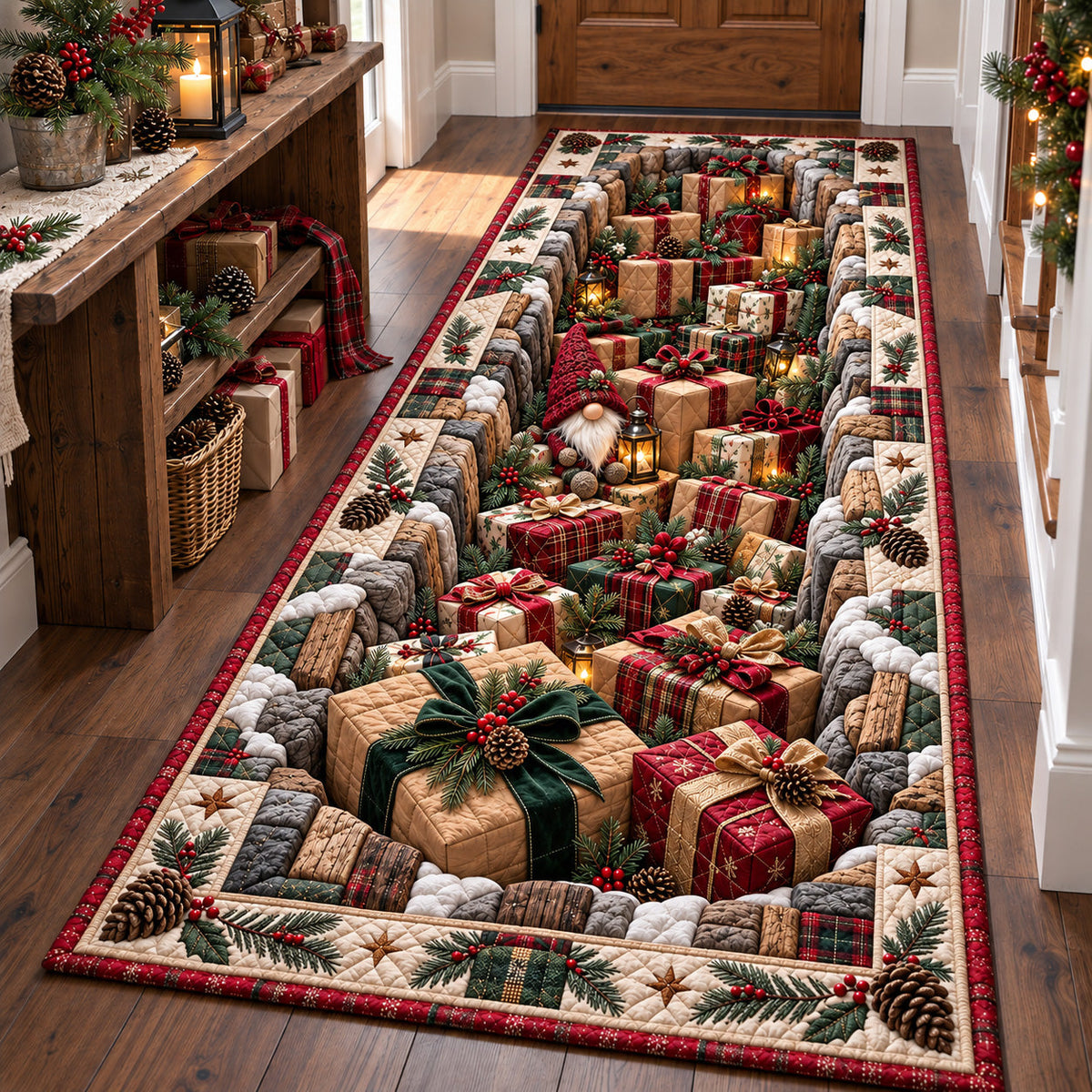 Festive Gift Hole Runner Rug - Nature Design | Nature Kitchen Runner - washable non-slip printed rug