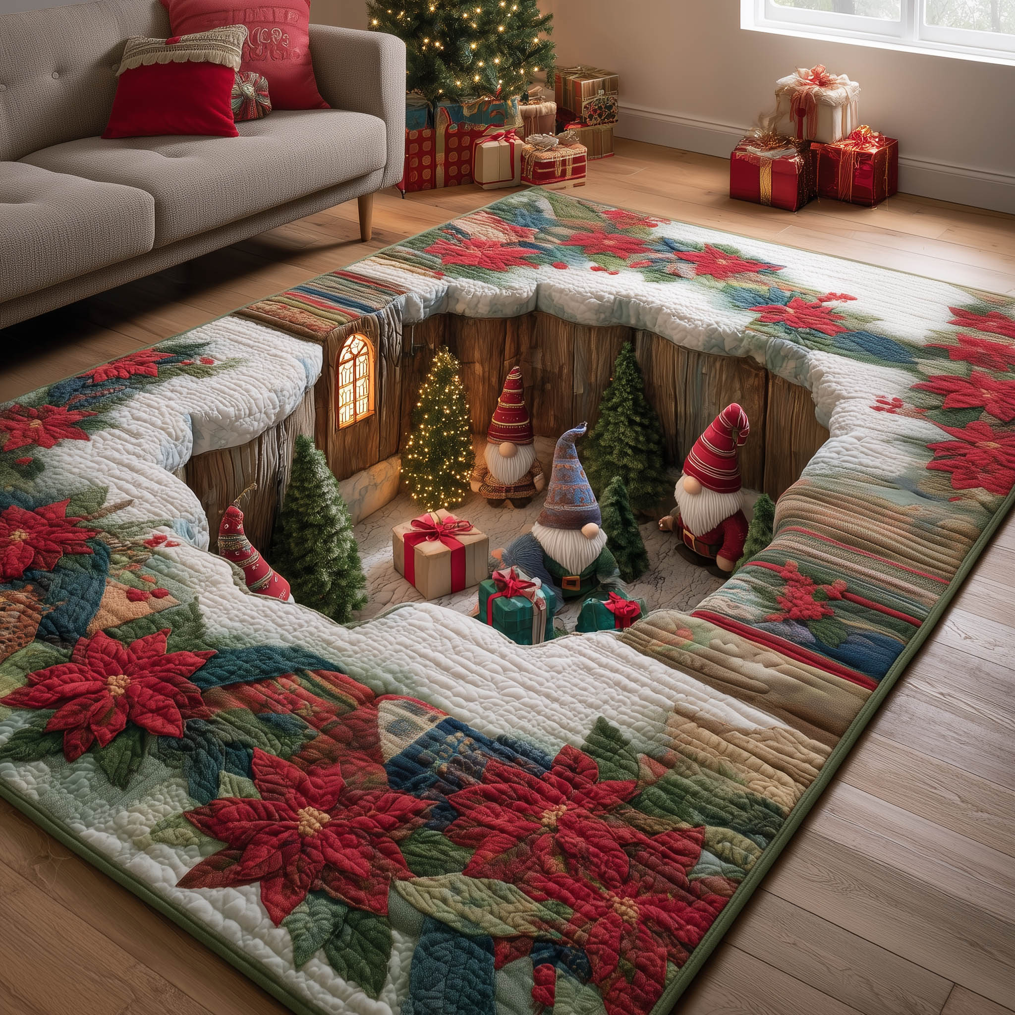 Festive Gnome area rug in a living room