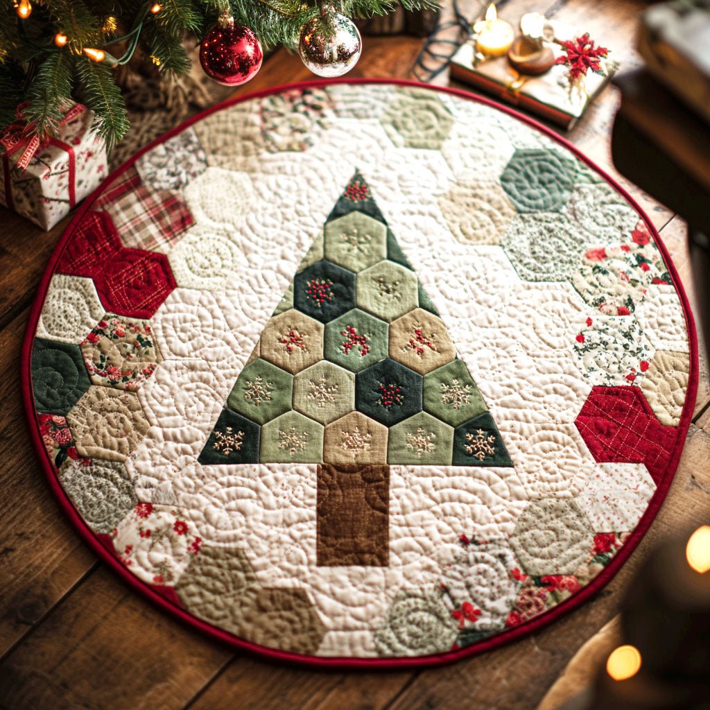 Festive Hexa Pine Round Mat Rug - washable non-slip printed rug