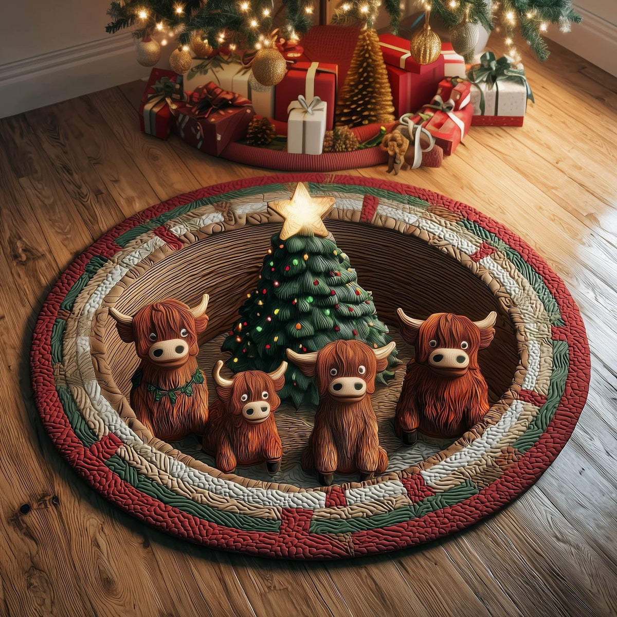 Festive Highland Cow Round Mat Rug - washable non-slip printed rug
