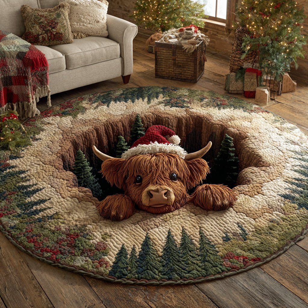 Festive Highland Cow Round Mat Rug - Nature Design | Serene Home Decor