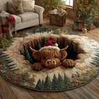 Festive Highland Cow Round Mat Rug - Nature Design | Serene Home Decor