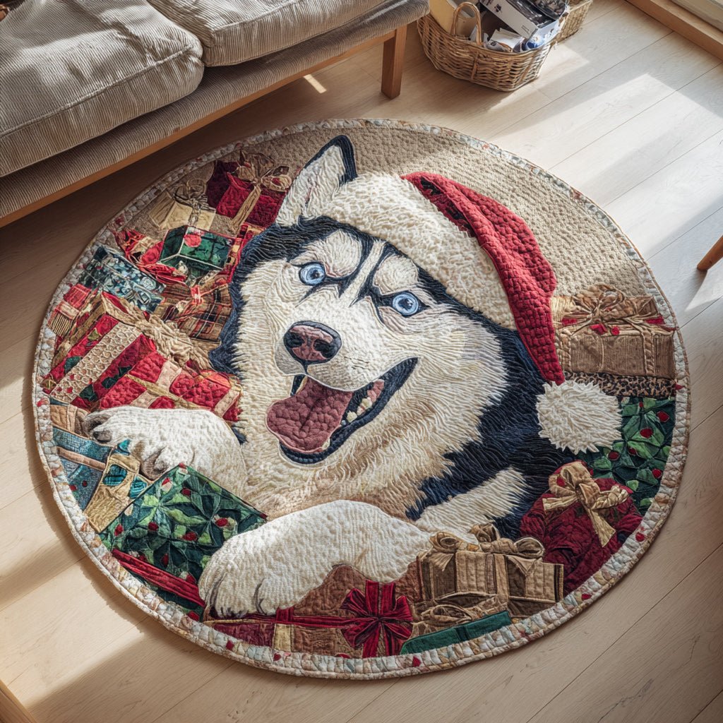 Festive Husky Gifts Round Mat Rug - washable non-slip printed rug