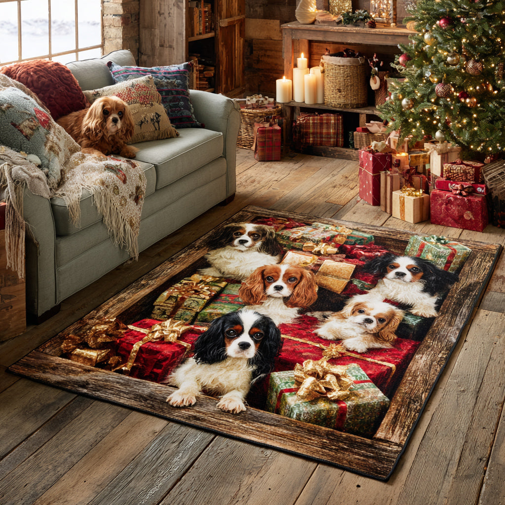 Festive King Charles area rug in a living room