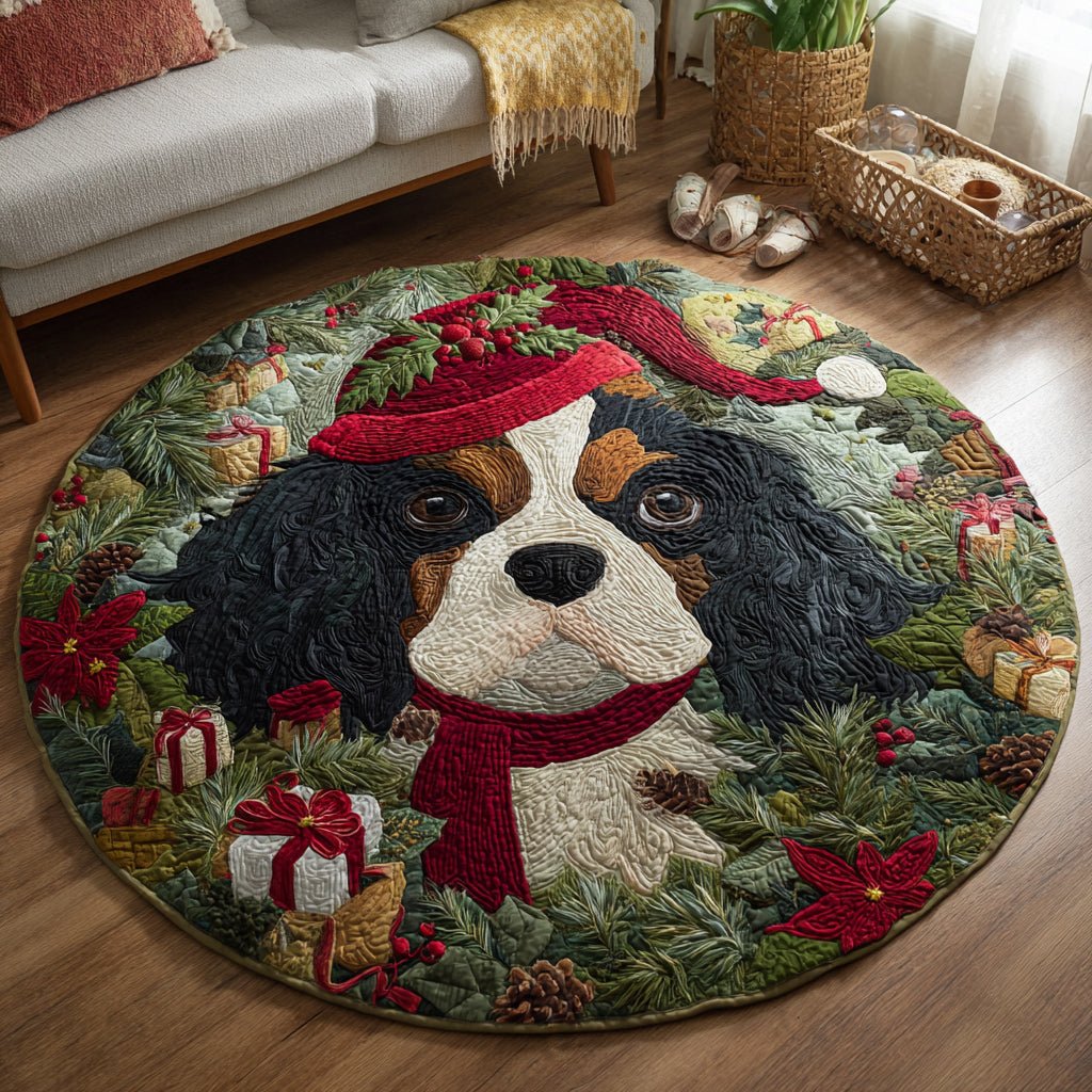 Festive King Charles Round Mat Rug - washable non-slip printed rug
