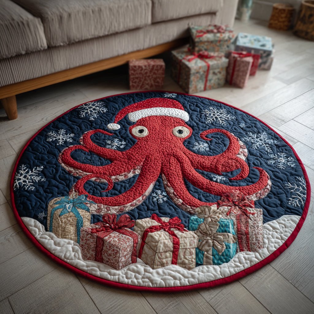 Festive Octopus Round Mat Rug - washable non-slip printed rug