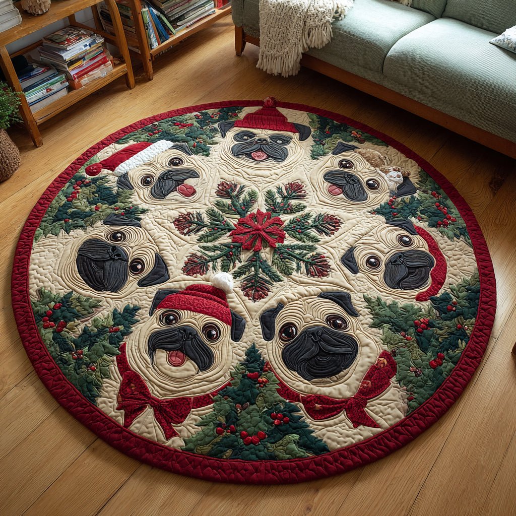 Festive Pug Round Mat Rug - washable non-slip printed rug