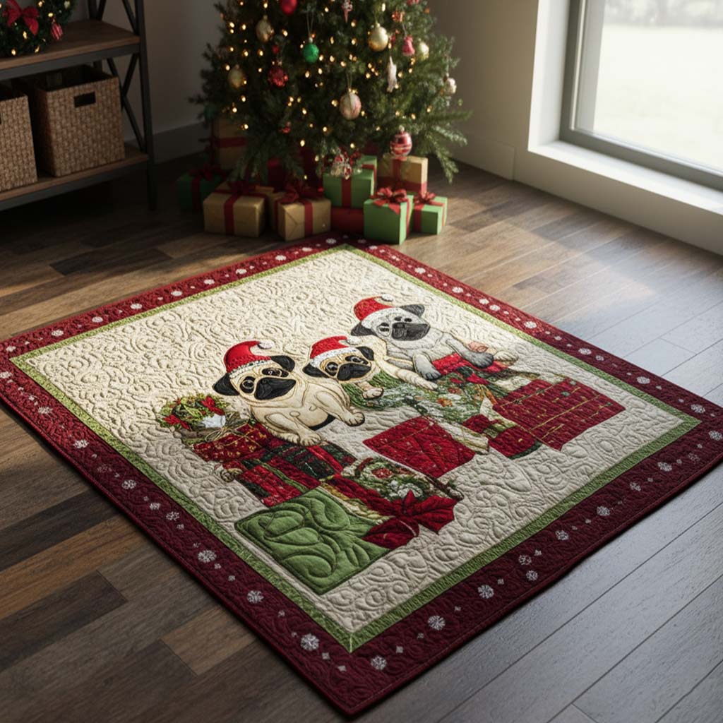 Festive Pug Trio area rug in a living room