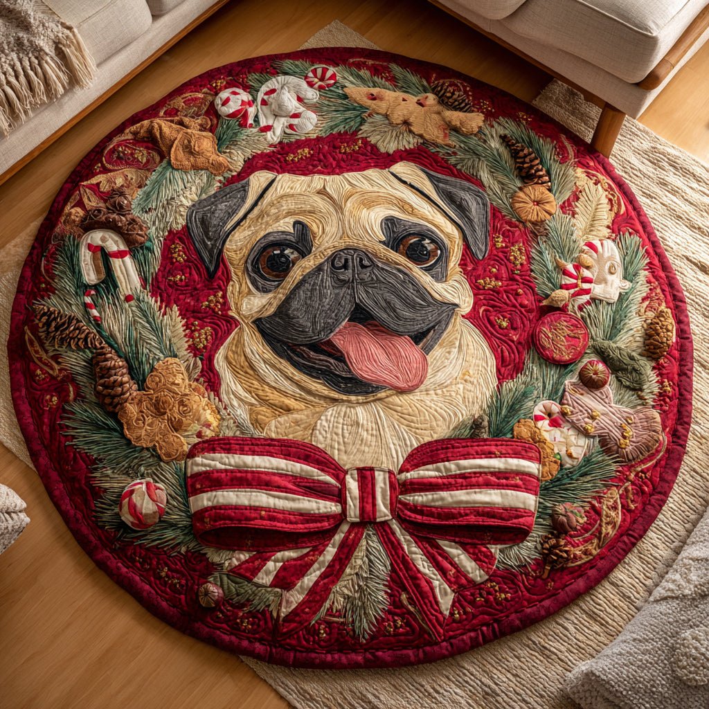 Festive Pug Wreath Round Mat Rug - washable non-slip printed rug