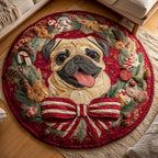 Festive Pug Wreath Round Mat Rug - washable non-slip printed rug