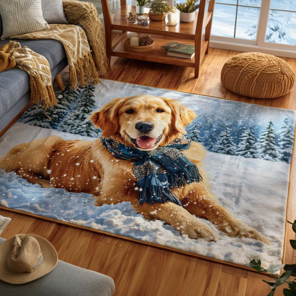 Festive Pup area rug in a living room