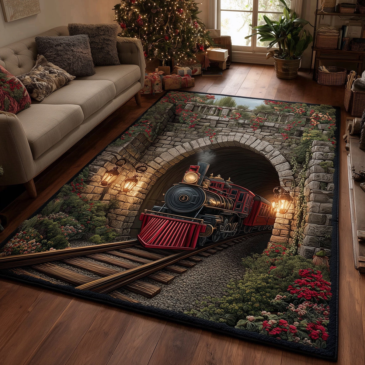 Festive Railway area rug in a living room
