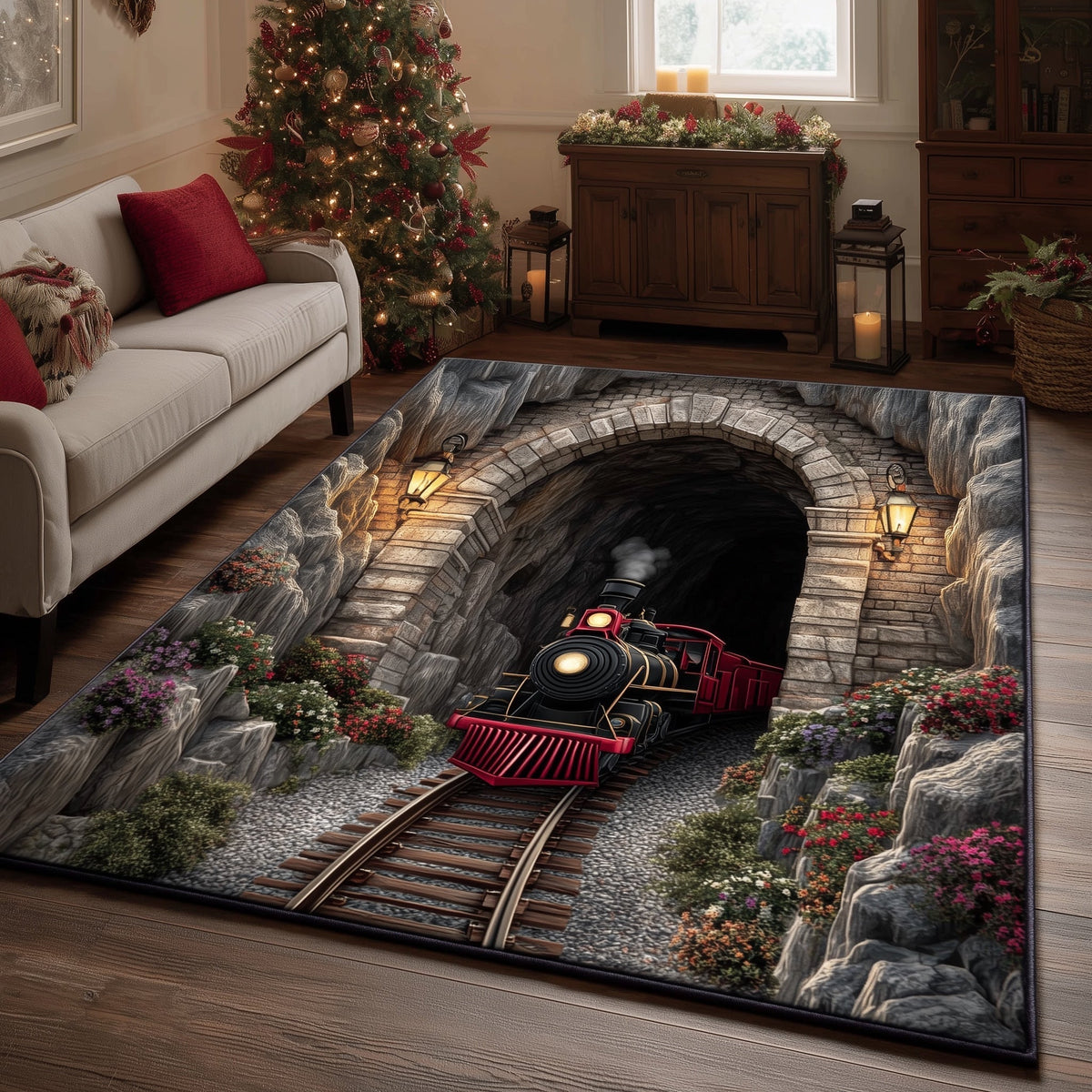 Festive Railway area rug in a living room