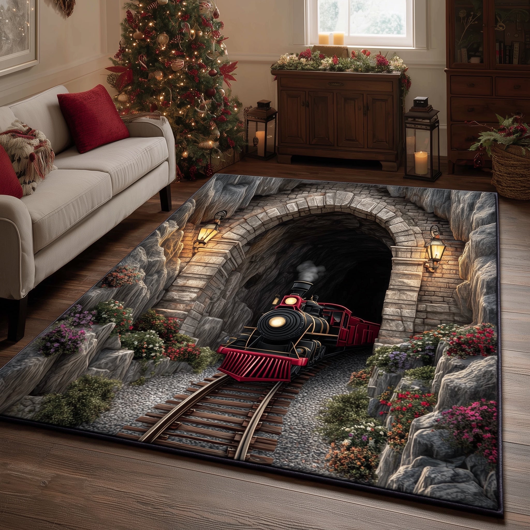 Festive Railway area rug in a living room
