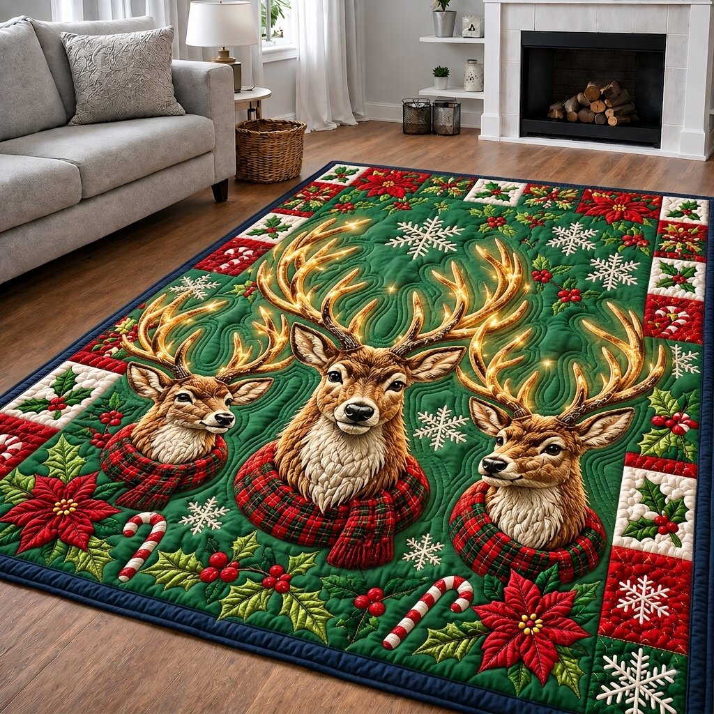 Festive Reindeer area rug in a living room