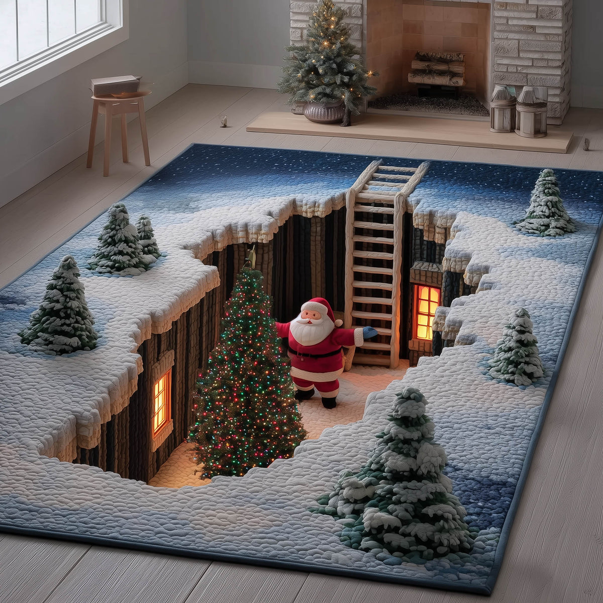 Festive Santa area rug in a living room