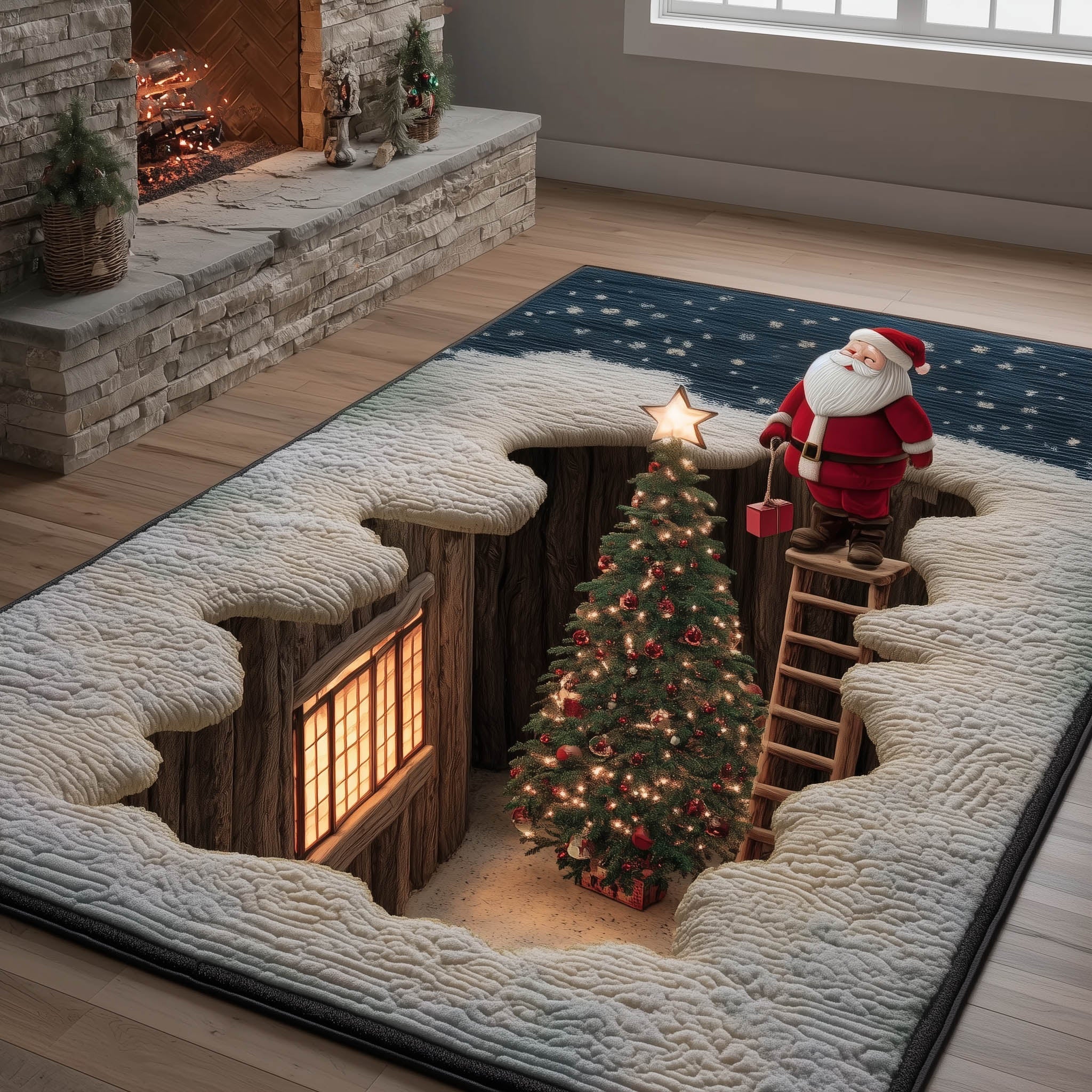 Festive Santa area rug in a living room