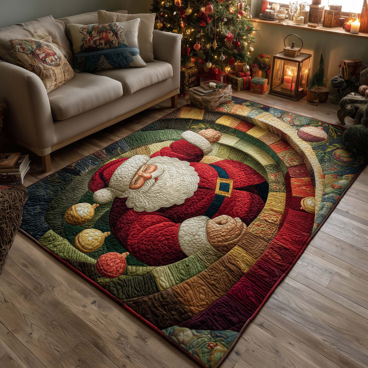 Festive Santa Joy area rug in a living room