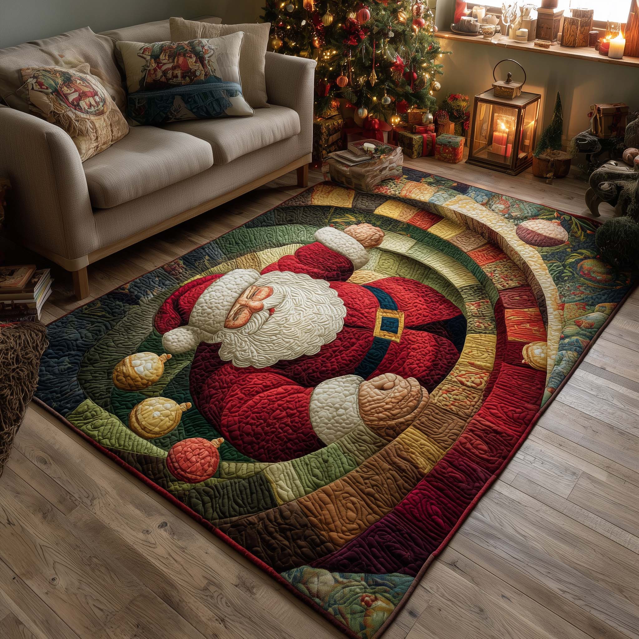 Festive Santa Joy area rug in a living room